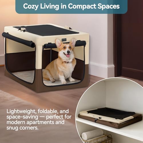 PETSFIT Portable Dog Crate for Medium Dogs, – 30" Soft Dog Travel Crates with Lockable Zippers & Thicken Mat, Adjustable Patented Spiral Steel Frame, Collapsible Kennel for Indoor & Outdoor