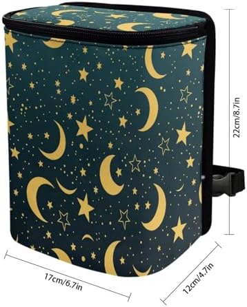 Car Trash Can with Lid Storage Pockets for Disposable Garbage Bag, Multipurpose Collapsible Car Organizer, Moon Star Print