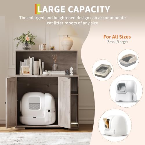 Garvee Dog-Proof Large Cat Litter Box Enclosure with Scratch Pad, Large Automatic Litter Box Furniture for Placing Self-Cleaning Litter Box,Litter Cabinet with Outlet,Space for Cat Stuffs