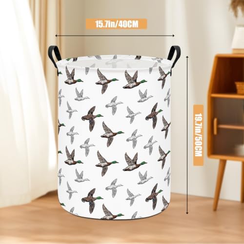 Round Laundry Basket Collapsible Storage Hamper Organizer Mallard Duck | Waterproof Canvas Foldable Baskets with sturdy Handles Multi-scene Organizer for Home Play Bedroom Gift Bin