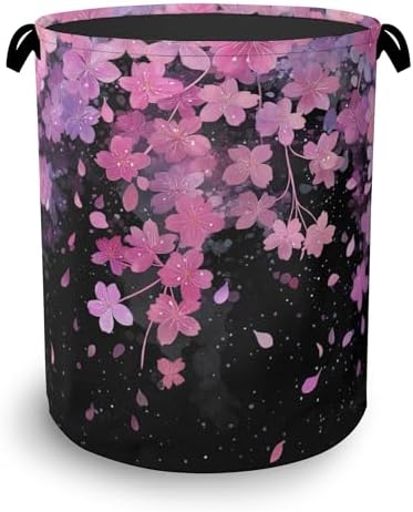 Cherry Blossoms Laundry Basket,Foldable with Handles Tote Bag Oxford Cloth for Bathroom Bedroom Dirty Clothes Storage Bucket 16" x 20.8"