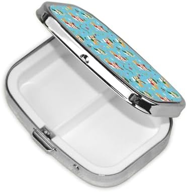 Metal Pill Box AM/PM Compartments Small Medicine Organizer Supplements Case Travel Essential, Christmas Corgi Dog Blue