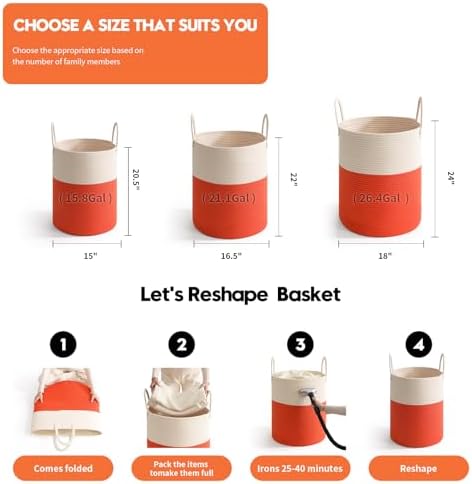 Woven Laundry Hamper Tall Rope Storage Basket for Blanket oys Dirty Clothes in Living Room Bathroom Bedroom (White&Orange, 60L/15.8Gal)