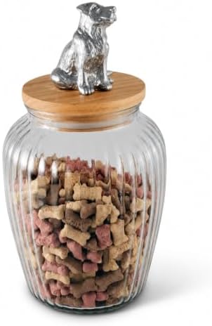 Arthur Court Dog Treat Jar, Stylish Glass Container with Wood Lid and Airtight Seal, Cute Metal Dog Knob, 11 Inch Tall, 72 Ounces