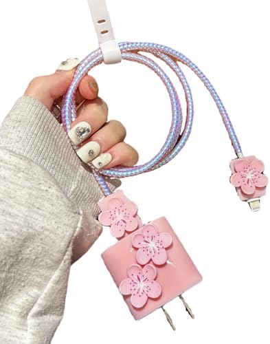 Cute Flowers Cable Protector for iPhone Charger Cover,3D Floral Cherry Buds Blossoms Charger Cord Protector for Women Girl,DIY Phone Cord Protector Charger Accessories for iPhone 14 15 16 Plus Pro Max