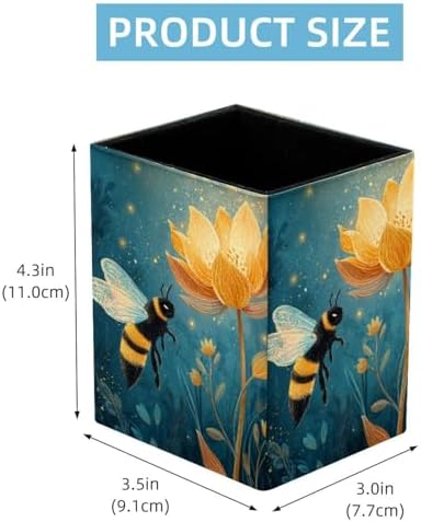 Bee Pen Holder for Desk Decor, Rectangular PVC Leather Pencil Cup for Desk Pen Organizer, Makeup Brush Holder for School, Home, Office