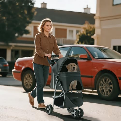 Foldable 3-Wheel Pet Stroller for Small/Medium Dogs & Cats, Black | Storage Basket & Cup Holder, Breathable Mesh Cover, Lightweight and Durable, for Small to Medium Pets, up to 33 lbs