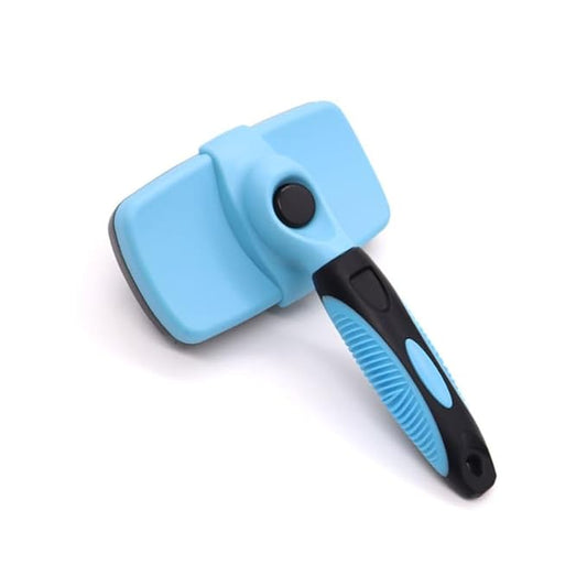 Self Cleaning Slicker Brush for Dogs & Cats, Gentle Deshedding and Hair Removal Tool for Long & Short Haired Pets, Easy Push Button, Blue