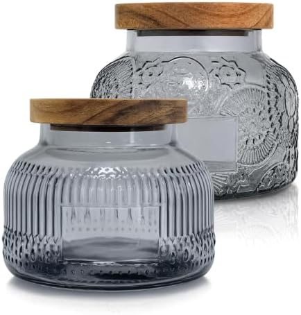 Decorative Grey Glass Jars with Airtight Wooden Lids 2 pack, 25.4 fl. oz | Wide mouth vintage storage canister, kitchen pantry bathroom organization, coffee sugar tea cookie candy candle vase gift