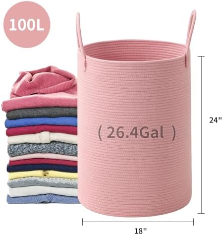 Laundry Basket Hamper Tall Rope Storage Woven for Blanket toys Dirty Clothes in Living Room Bathroom Bedroom (Pink, 100L/26.4Gal)