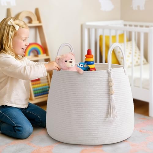 Large Nursery Hamper, 30L Blanket Basket with Handle, Baby Laundry Basket for Gift, Toy, Clothes, Woven Storage Basket with Wooden Bead Decor, Baby Hamper for Nursery (Black&Brown)