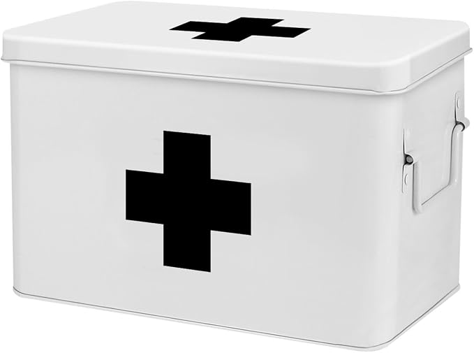 Flexzion Large Metal First Aid Box Empty, 13-Inch, White with Black Cross | Vintage Medicine Box and First Aid Storage Organizer with Removable Tray and Dividers; Empty Box Only, Supplies Not Included