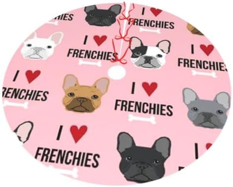 Christmas Tree Skirt, Soft Polyester Xmas Tree Skirts with Ribbon Ties, Rustic Farmhouse Holiday Party Decorations I Love Frenchies French Dog Design 48"