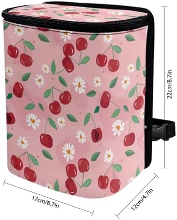 Car Trash Can with Lid - Leak-Proof Garbage Bin, Hanging Waste Basket, Interior Organizer Bag, Cherry Daisy
