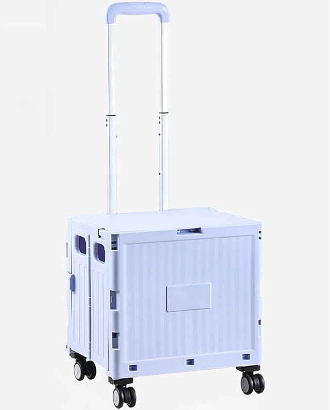 Collapsible Shopping Box Trolley on Wheels with Lid,75L Large Capacity Folding Portable Rolling Crate Handcart with Telescopic Handle for Camping (Purple,Medium Four Wheel)
