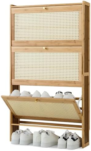 Magshion Narrow Shoe Cabinet for Entryway Slim Thin Bamboo Freestanding Shoe Storage with Flip Drawers for Hallway, Living Room (Natural, 47.5" x 27" x 7")