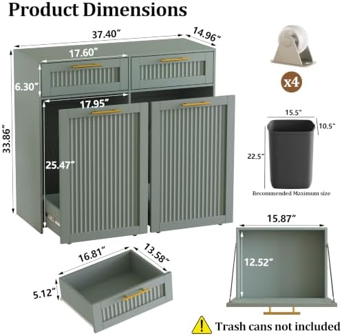 2 X 13 Gallons Pull Out Trash Can Cabinet, Double Trash Cabinet, Green | Fluted Kitchen Trash Cabinet with Drawers, Freestanding Hidden Garbage Pet Proof Trash Can Holder for Laundry, Living Room