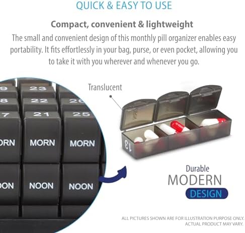 Deke Home - Monthly Pill Organizer 3 Times a Day, 30 Day Pill Box with AM PM Compartments, Large Monthly Medicine Organizer for Vitamins, Supplements & Medication, Travel-Friendly Pill Case, BPA Free