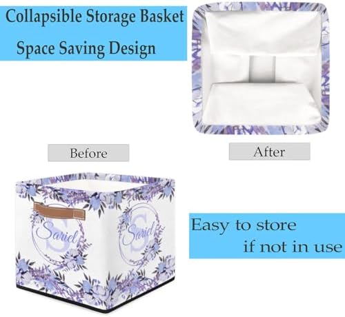Personalized Storage Baskets for Organizing, Foldable Storage Bins with Handles Custom Cute Basket for Boys, Girls, Pet, Clothes, Blanket, Bedroom Nursery Toy Storage Gift,13 x13 x13 In, Purple Floral