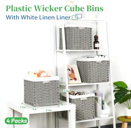 Bidtakay Wicker Cube Baskets with Liners Cube Storage Organizer for Shelves Closet 11 inch 4 Pack Decorative Hand-Woven Imitation Wicker Storage Bins for Organizing Pantry Bedroom Light Grey