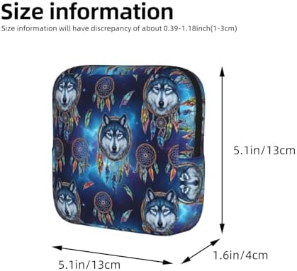 Ladies Sanitary Pad Storage Bag Space Wolf Dreamcatcher, Portable Polyester Period Pouch, Holds Tampons Panty Liners Menstrual Cup for Outdoor