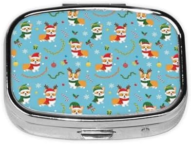 Metal Pill Box AM/PM Compartments Small Medicine Organizer Supplements Case Travel Essential, Christmas Corgi Dog Blue
