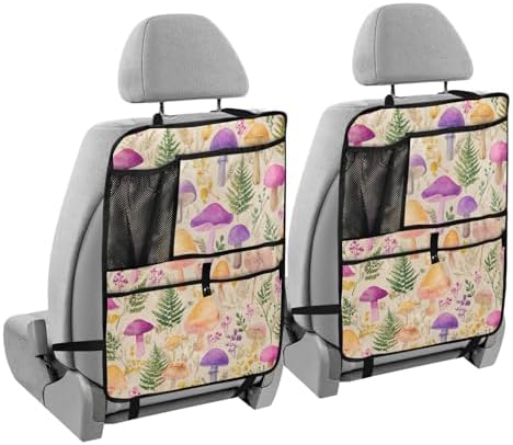 2 Pack Back Seat Car Organizer with Storage Pockets Kick Mats Back Seat Protector Hanging Car Organizer Automotive Seat Back Cover Organizers Mushroom Colorful Pattern