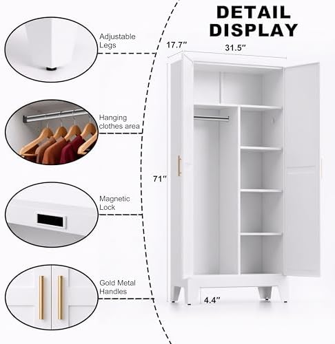 71" H Metal Garage Storage Cabinets,Broom Closet Storage Cabinet,Utility Cabinet,White Storage Cabinets