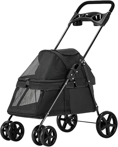 Small Pet Dog Pram Stroller for Cats with Cup Holder, Dog Strollers for Small Dogs Premium Stroller with Rain Cover, Breathable Pushchairs Pet Gear(Nero)