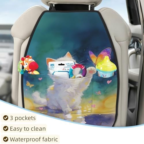 Car Seats Back Protector 2 PCS - Butterfly Cat | with 3 Storage Pockets, Shield Seats From Dirt, Mud Scratches, Fits Cars SUVs Trucks and Jeeps