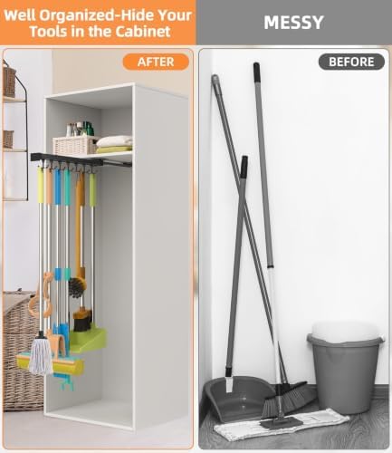Pull Out Broom Holder With Adjustable Double Row Sliding Hook-Black 16.14IN | Multifunctional Slide Broom And Mop Storage/Organizer Garage Organization Hooks, for Closet Laundry Garage Kitchen