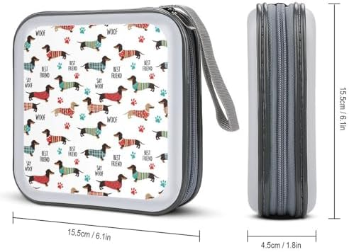 40-Disc CD/DVD Organizer Wallet Cute Dachshund, Heavy-Duty Hard Plastic Binder, Portable Storage Case with Carry Strap for Car