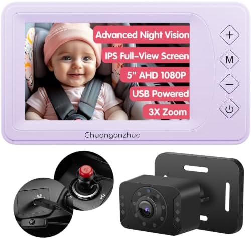 S100U Baby Car Camera with Advanced Night Vision, 5inch AHD 1080P IPS Full View Baby Monitor, Carseat Camera for Kids Infants Rear Facing Mirror, USB Powered, 5inch, Light Purple