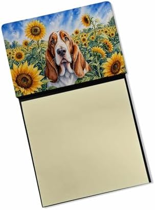 Caroline's Treasures Basset Hound in Sunflowers Watercolor Sticky Note Holder Refillable Dispenser Desk Accessory 3x3 Pad Gift