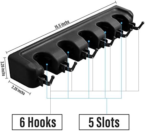 Mop and Broom Holder Wall Mount Heavy Duty Tool Organizer For Home Garden Garage And Storage (5 Positions with 6 Hooks)