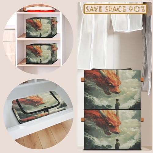 Animal Dragon Storage Bins with Zipper Lid Foldable Fabric Organizer Box with Handles Rectangular Closet Clothes Organizer Containers