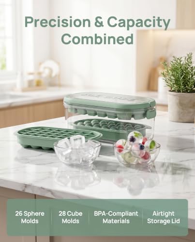 Ice Cube Tray with Bin and Lid, 54-Cell Dual Shape, Easy Release | 28 Square 26 Round Molds, Green, Easy Twist Release, Storage Bin with Collapsible Handle, For Freezer, RV, Camping, Parties
