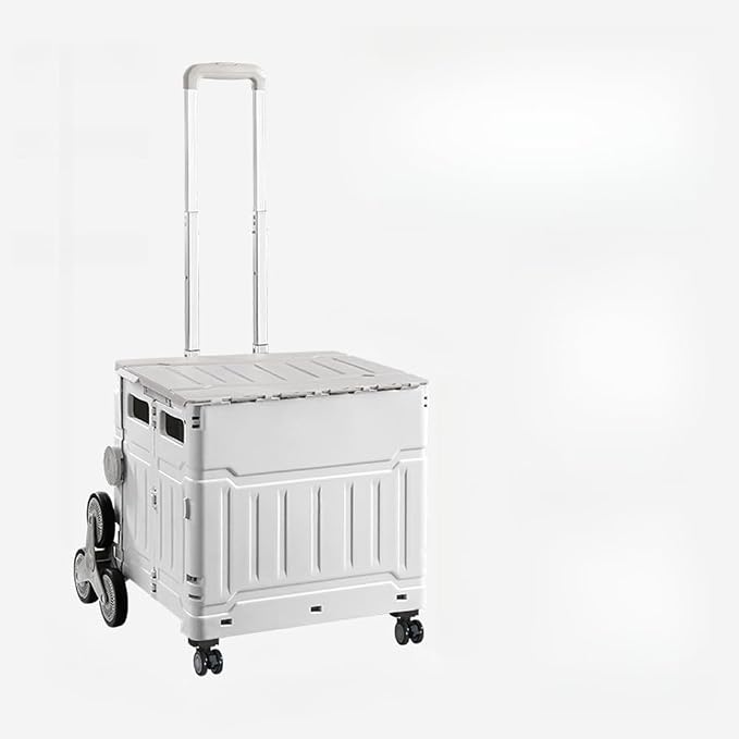 Collapsible Shopping Box Trolley on Wheels with Lid,75L Large Capacity Folding Portable Rolling Crate Handcart with Telescopic Handle for Camping (Grey,Eight Wheel Medium)