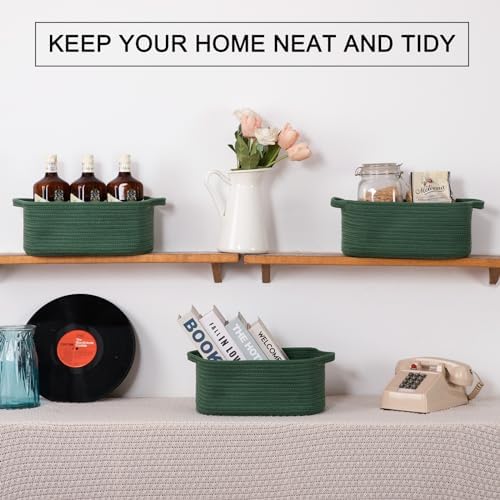 OIAHOMY 3 Pack Storage Baskets for Shelves Cotton Rope Storage Bins Green | Woven Baskets for Storage Nursery Storage Basket with Handles Baskets for Organizing Small Baskets Gift Baskets Empty