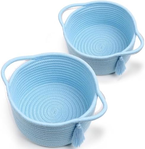Small Gift Basket Empty to Fill, 2 Pack, Mini Woven Basket, Light Blue | Cute Decorative Mini Rope Storage Baskets with Cellophane Bags & Ribbons; Two Sizes for Gifting, Bathroom Counter or Desk