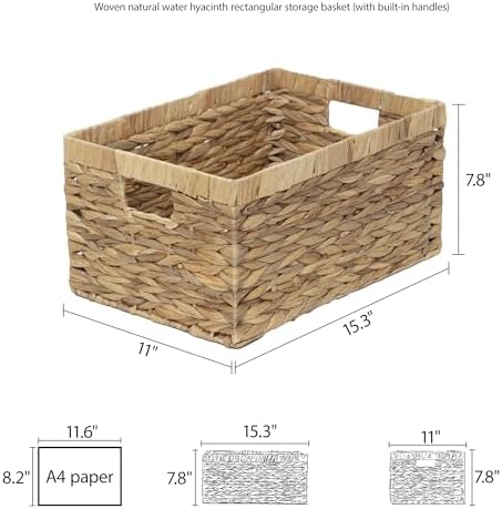 Woven Natural Water hyacinth Rectangular Storage Baskets with inside Handle,Kingwillow(Large)