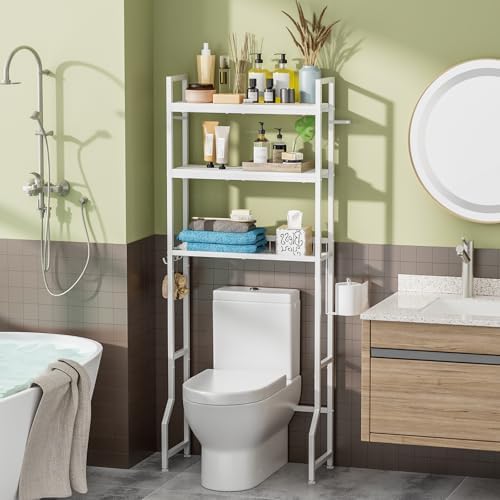 Over Toilet Bathroom Organizer with Toilet Paper Holder | White Over the Toilet Shelf, Over the Toilet Storage Cabinet, Heavy Duty Metal 3 Tier Bathroom Organizer Shelf with 3 Hooks