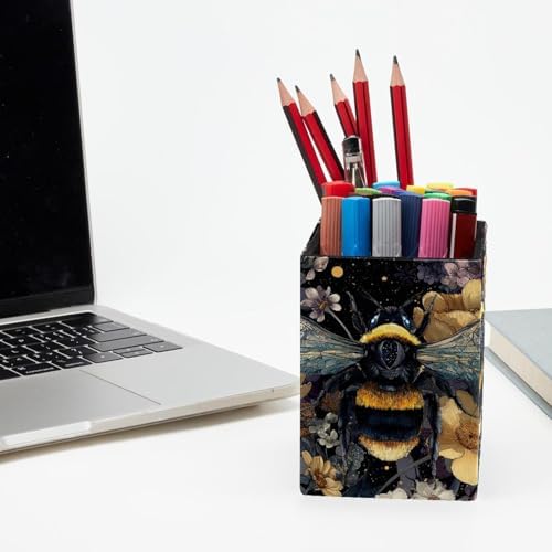 Bee Pen Holder for Desk Decor, Rectangular PVC Leather Pencil Cup for Desk Pen Organizer, Makeup Brush Holder for School, Home, Office