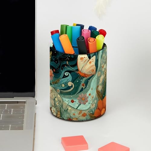 Faux Leather Pen Holder for Desk, Pencil Organizer Butterfly Pen Cup Desk Decor Makeup Brush Holder Storage for Office Home