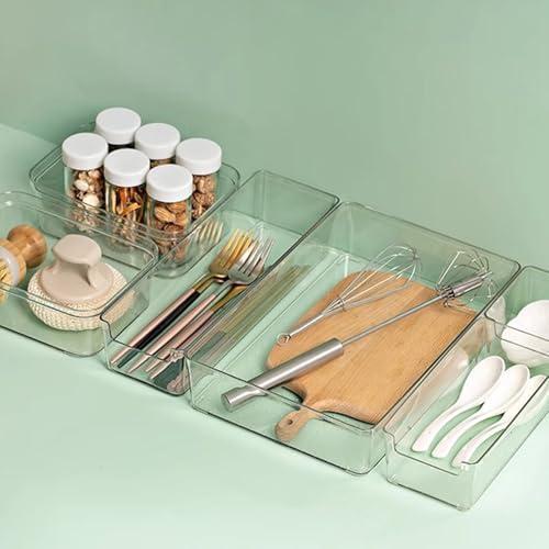 Clear Drawer Organiser Trays Set Makeup Trays Desk Drawers Dividers Organiser Bins for Kitchen Bedroom Bathroom Stackable Drawer