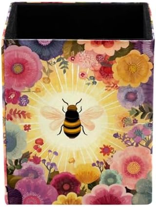 Bee Pen Holder for Desk Decor, Rectangular PVC Leather Pencil Cup for Desk Pen Organizer, Makeup Brush Holder for School, Home, Office