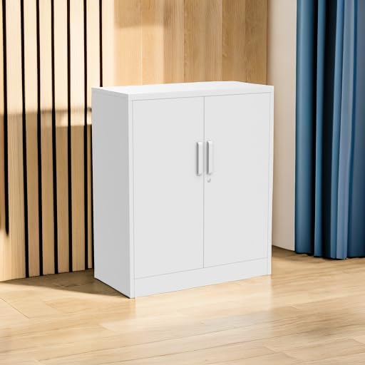 Metal Garage Storage Cabinet with 2 Doors and 2 Adjustable Shelves - 35.5" Steel Lockable File Cabinet for Home Office,Garage,Gym,School (White)
