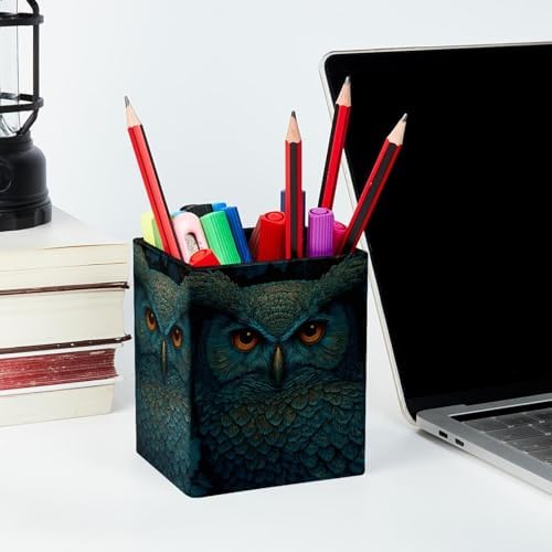 Owl Pen Holder for Desk Decor, Rectangular PVC Leather Pencil Cup for Desk Pen Organizer, Makeup Brush Holder for School, Home, Office