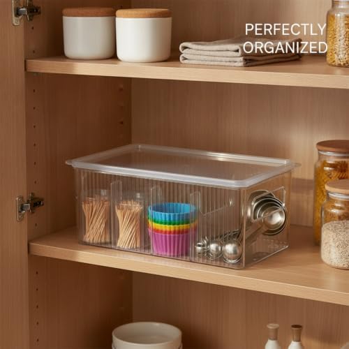 Lidded Storage Box with Adjustable Dividers, Clear PET Plastic Organizer Bin for Desktop, Crafts, and Home Organization, 9.8 x 5.1 x 4.2 Inches (1 PC)