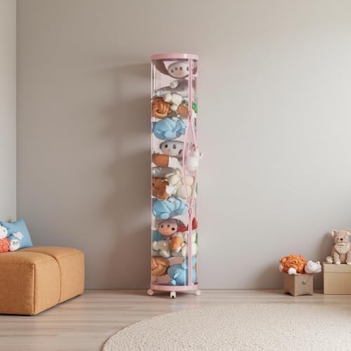 Upgraded Stuffed Animal Storage Tube, 59" Tall (150cm) Plush Organizer with 4 Wheels, PET Clear Bucket & Double Zipper, Space-Saving Toy Storage for Kids Room, Tidy Zoo Bin for Stuffed Animals (Pink)